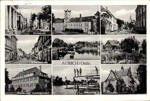 Ak Aurich Ostfriesland, Kirchstraße, Schloss, Hafenstraße, Wilhelmstraße, Hafen, Botanischer Garten