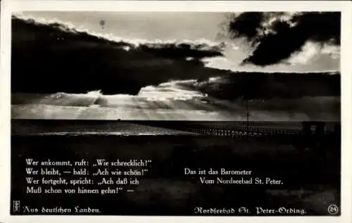 Ak St. Peter Ording, Nordseebad, Scheidender Tag, Strand, Brücke, Gedicht