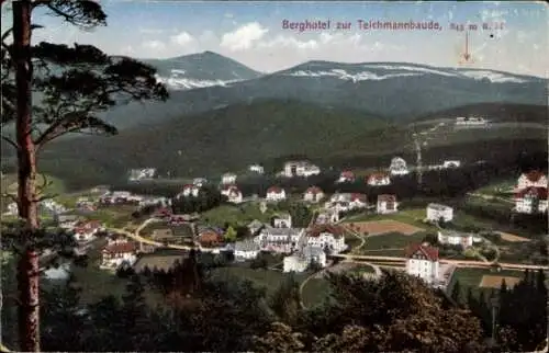 Ak Karpacz Krummhübel Riesengebirge Schlesien, Panorama, Berghotel Teichmannbaude, Schneekoppe