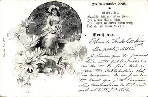 Lied Ak Perlen Deutscher Poesie, Liebeslied, Frau mit Laute, Blumen