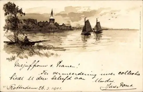 Künstler Litho Heide, A., Segelboote, See, Kirchturm, Häuser