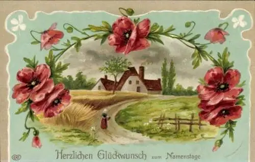 Ak Glückwunsch Namenstag, Frau, Feld, Getreide, Mohn