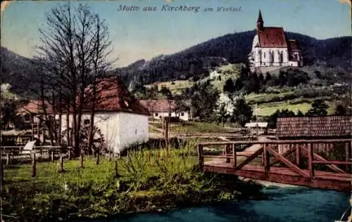 Ak Kirchberg am Wechsel in Niederösterreich, Teilansicht, Brücke, Kirche