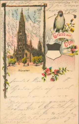 Glitzer Litho Ulm an der Donau, Münster, Spatz, Wappen