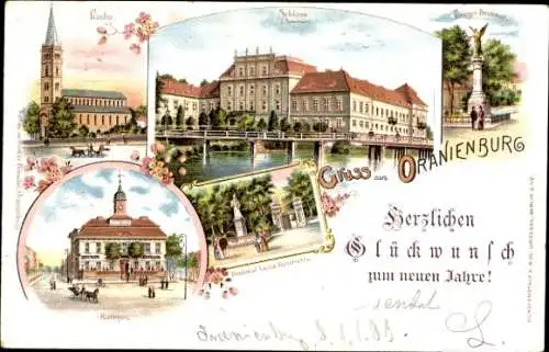 Litho Oranienburg in Brandenburg, Kirche, Schloss, Hotel Eilers, Denkmal Luise Henriette