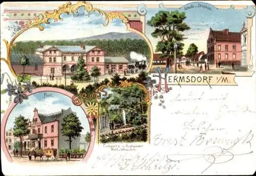 Litho Berlin Reinickendorf Hermsdorf, Hermsdorf in der Mark, Restaurant Waldschlösschen, Bahnhof