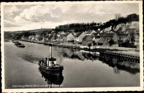 Ak Oderberg in der Mark, Panorama von der Oderbrücke, Schleppzug