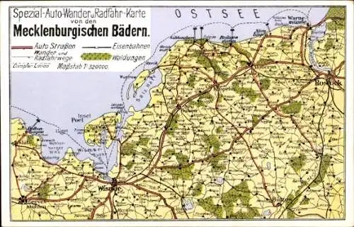 Landkarten Ak Mecklenburgische Bäder, Wismar, Boltenhagen, Grevesmühlen, Doberan, Warnemünde