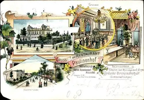 Litho Berlin Pankow Wilhelmsruh, Restaurant Paulinenhof, Tanzsaal, Bauernschänke, Niederstraße