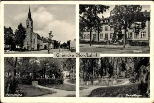 Ak Glienecke Nordbahn, Kirche, Schule, Parkanlage, Teich