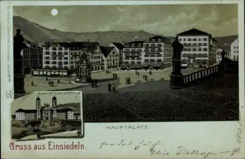 Mondschein Litho Einsiedeln Kanton Schwyz Schweiz, Kloster Einsiedeln, Hauptplatz