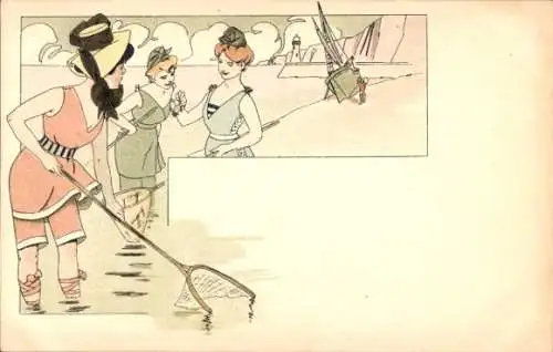Jugendstil Litho Frauen in Badeanzügen