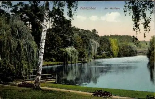 Ak Berlin Zehlendorf, Waldsee, Uferweg, Steg, Weiden, Birken