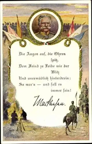 Künstler Ak August von Mackensen, Heerführer, Zitat, Die Augen auf, die Ohren spitz...