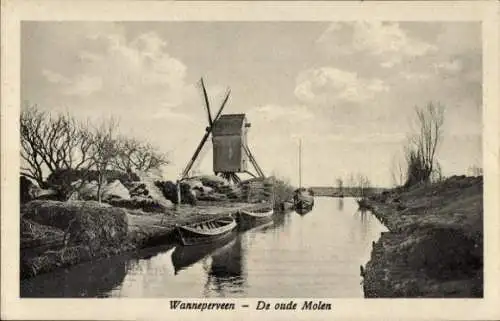 Ak Wanneperveen Overijssel, Die alte Mühle, Boote