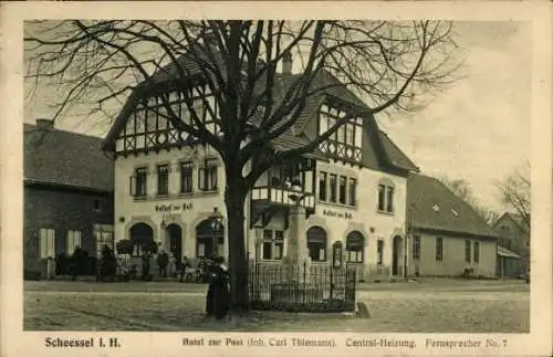 Ak Scheeßel in Niedersachsen, Hotel zur Post, Kriegerdenkmal