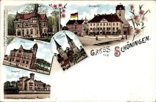 Litho Schöningen in Niedersachsen, Stadtansichten, Theater, Kirche, Post, Bahnhof