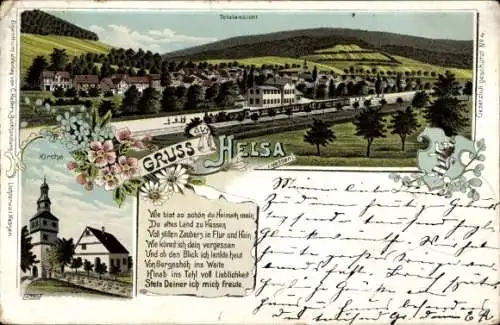 Litho Helsa in Hessen, Totalansicht, Kirche, Eisenbahn, Spruch