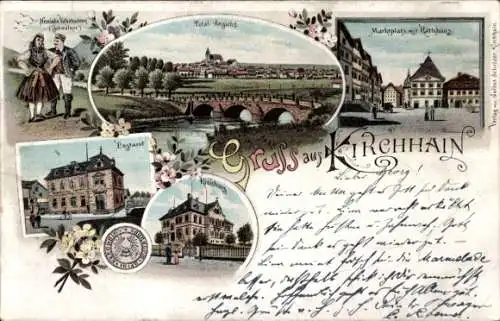 Litho Kirchhain in Hessen, Totalansicht, Marktplatz mit Rathaus, Postamt, Hessische Volkstrachten