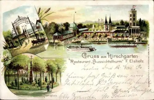 Litho Berlin Köpenick Friedrichshagen Hirschgarten, Floraplatz, Dampfer, Restaurant Aussichtsturm