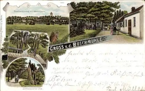 Litho Buschmühle Frankfurt an der Oder, Buschmühlenweg mit Wasserturm, Quelle, Schwedeneiche