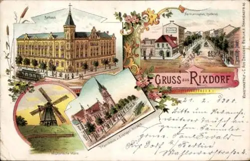 Litho Berlin Neukölln Rixdorf, Rathaus, Historische Mühle, Pfarrhaus u. Evangel. Kirche, Rollkrug