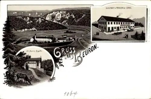 Litho Beuron an der Donau Württemberg, Gesamtansicht, St. Maurus Kapelle, Gasthof zur Sonne