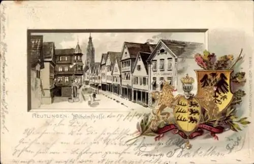 Präge Wappen Passepartout Litho Reutlingen in Württemberg, Wilhelmstraße