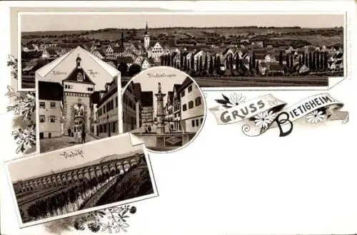 Litho Bietigheim in Württemberg, Gesamtansicht, Unteres Tor, Viadukt, Fräuleinbrunnen