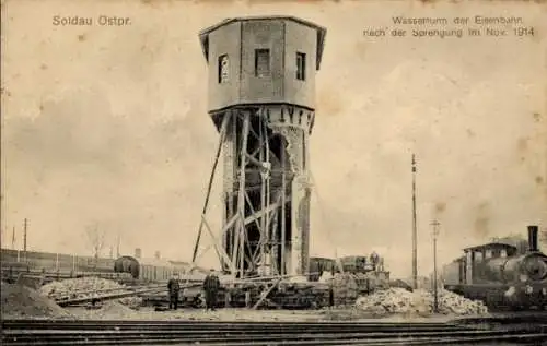 Ak Działdowo Soldau Ostpreußen, Wasserturm der Eisenbahn nach der Sprengung November 1914