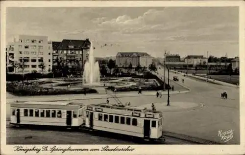 Ak Kaliningrad Königsberg Ostpreußen, Springbrunnen am Staatsarchiv, Straßenbahn