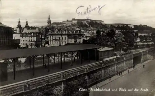 Ak Kłodzko Glatz Schlesien, Stadtbahnhof und Blick auf die Stadt