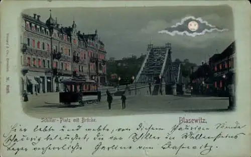 Golden Windows Leuchtfenster Mondschein Ak Dresden Blasewitz, Schiller-Platz, Brücke, Straßenbahn