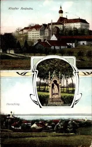 Ak Herrsching am Ammersee in Oberbayern, Panorama, Kloster Andechs, Sankt-Elisabethenbrünnlein