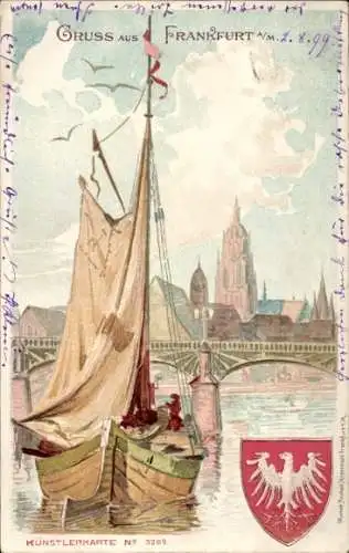 Wappen Litho Frankfurt am Main, Segelboot, Brücke, Kirche