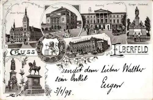 Litho Elberfeld Wuppertal in Nordrhein Westfalen, Kriegerdenkmal, Bahnhof, Theater