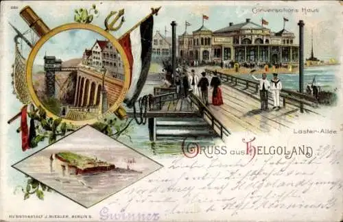 Litho Nordseeinsel Helgoland, Lästerallee, Konversationshaus, Aufzug