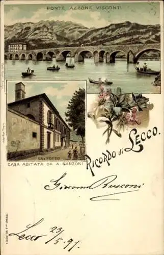 Litho Lecco Lago di Lecco Lombardia, Ponte Azzone Visconti, Casa abitata da A. Manzoni