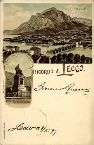 Litho Lecco Lago di Lecco Lombardia, Totalansicht, Denkmal A. Manzoni