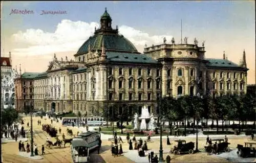 Ak München, Justizpalast, Brunnen, Straßenbahnen