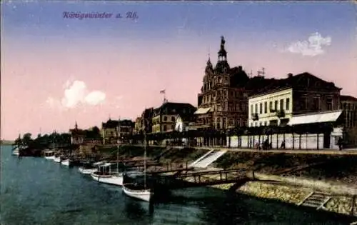 Ak Königswinter am Rhein, Teilansicht, Promenade, Anleger, Boote