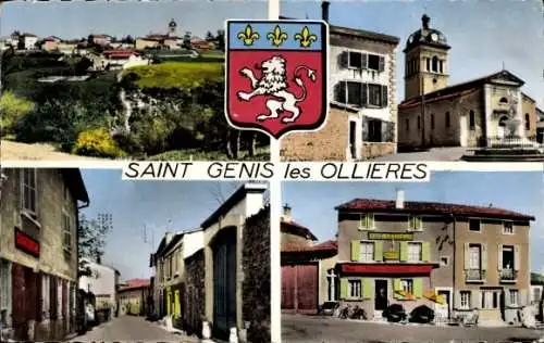 AK Saint Genis les Ollières Rhône, Panorama, Straßenpartie, Statue