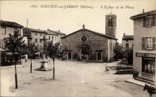 Ak Soucieu en Jarrest Rhône, Die Kirche und der Ort