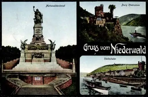 Ak Rüdesheim am Rhein, Niederwald Nationaldenkmal, Burg Rheinstein
