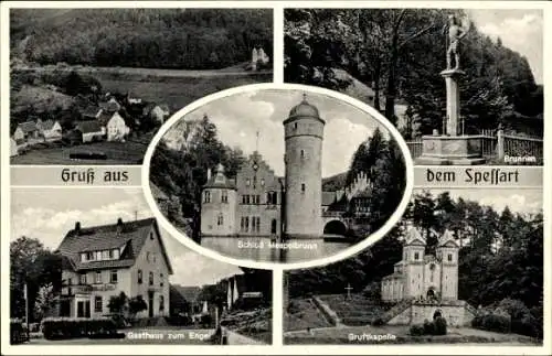 Ak Mespelbrunn im Spessart Unterfranken, Schloss, Gasthaus zum Engel, Gruftkapelle, Brunnen