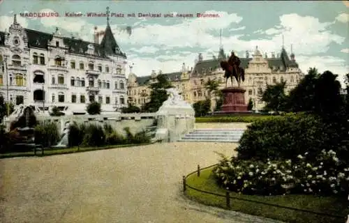 Ak Magdeburg in Sachsen Anhalt, Kaiser Wilhelm Platz mit Denkmal und neuem Brunnen