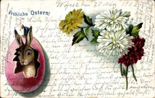 Ak Frohe Ostern, Osterhase im Osterei, Blumen