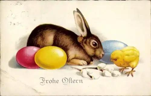 Ak Frohe Ostern, Osterhase, Ostereier, Küken, Weidenkätzchen