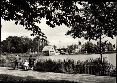 Ak Röbel an der Müritz, Seepromenade, Seglerheim, Spaziergänger