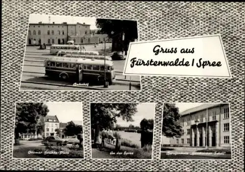 Ak Fürstenwalde an der Spree, Bahnhof, Busse, Ottomar-Geschke-Platz, Berufsschule Geschw. Scholl